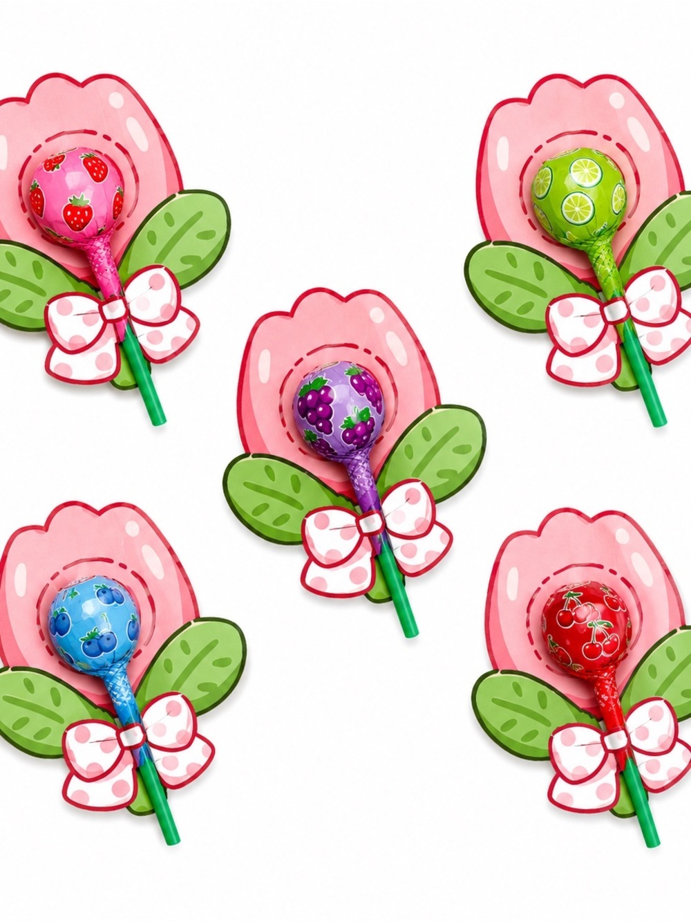 🍭 2/$15 NWOT Set of 5 Pink Tulip Lollipop Holders Party Favour Treat Cards Gifts
